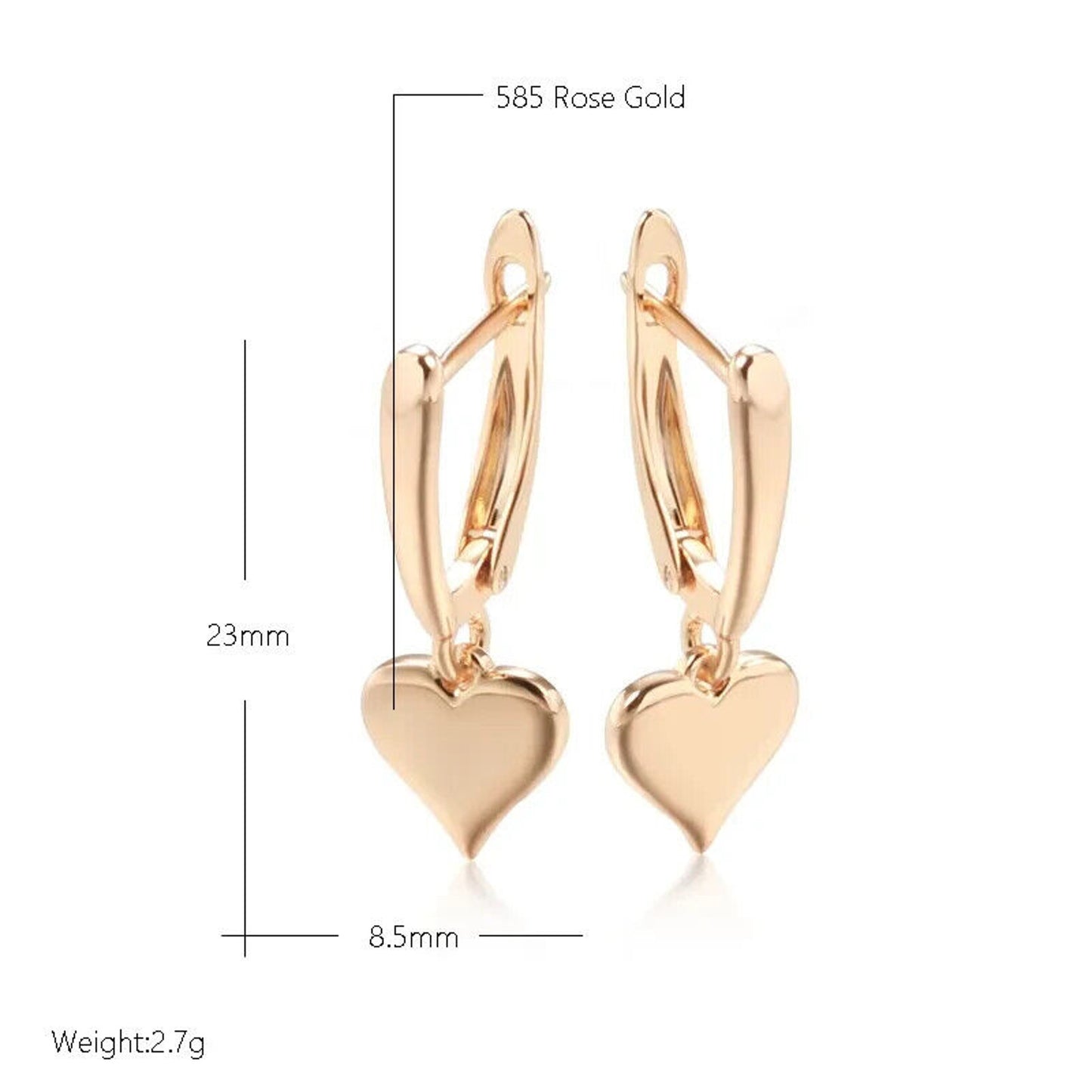 Rose Gold Earrings, Shiny Rose Gold Heart Earrings, 585 Rose Gold Heart Earrings