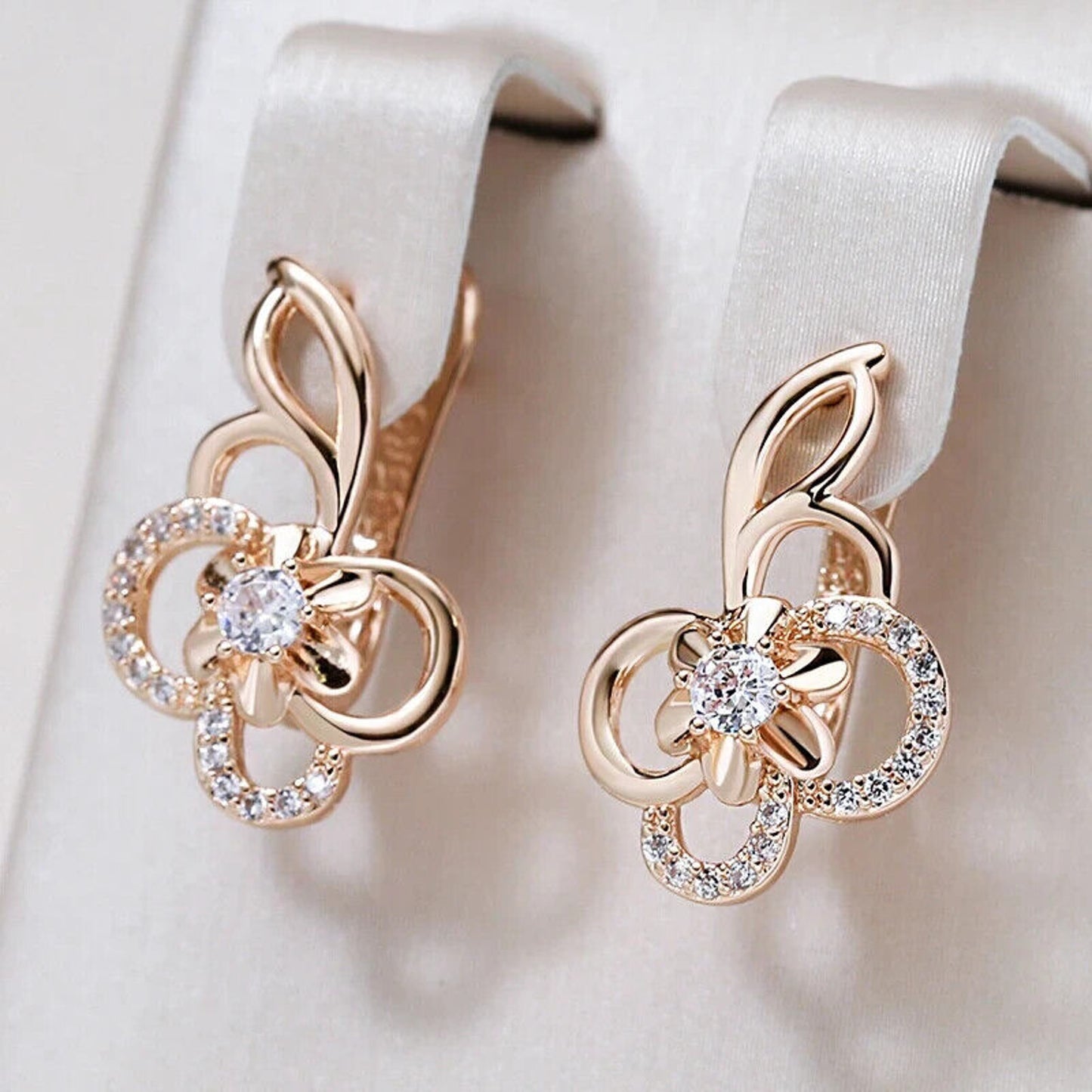 14k Rose Gold Plated Zircon Flower Clip Earrings, Shiny Zircon Earrings