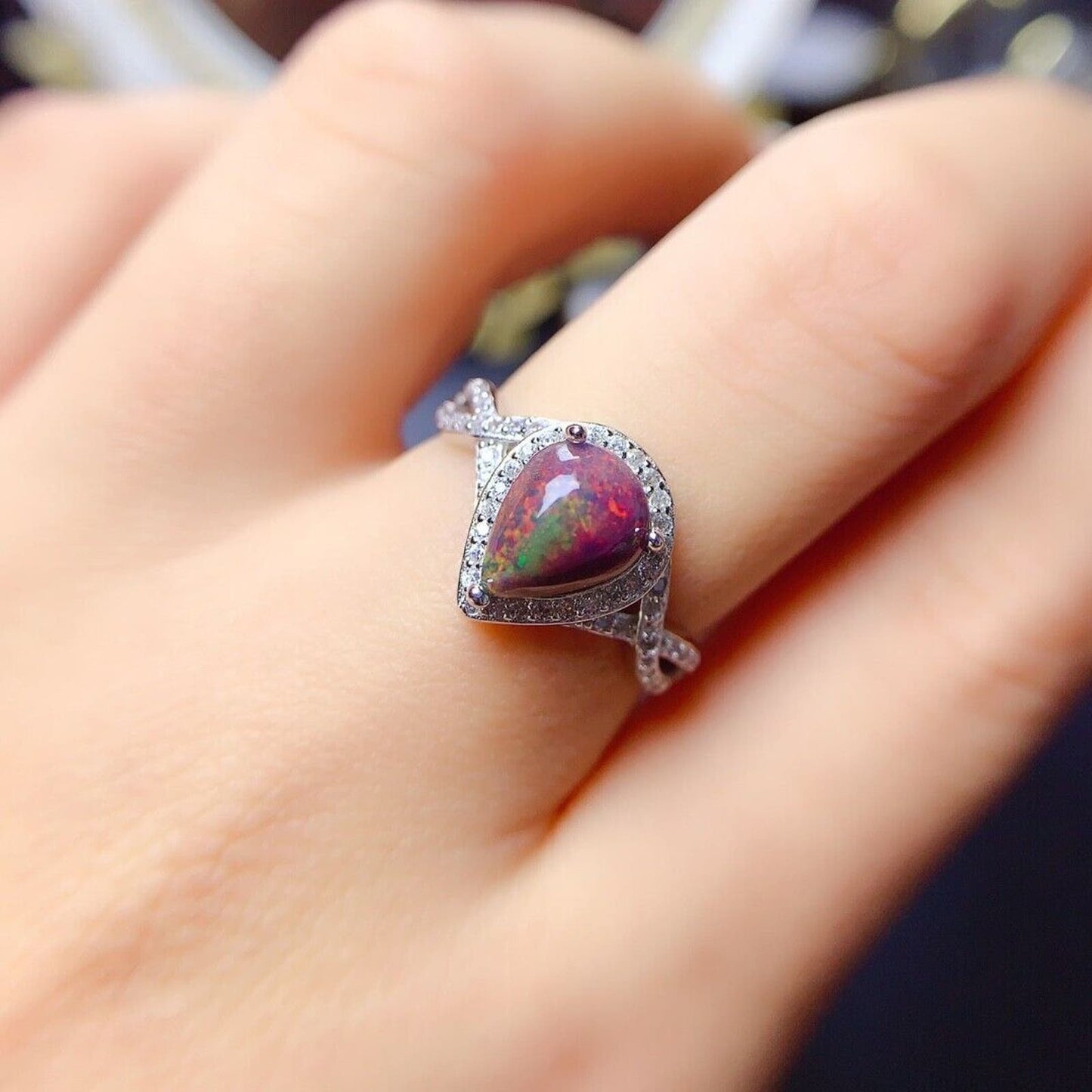 Black Opal Pear Shape Ring 7x9mm Sterling Silver