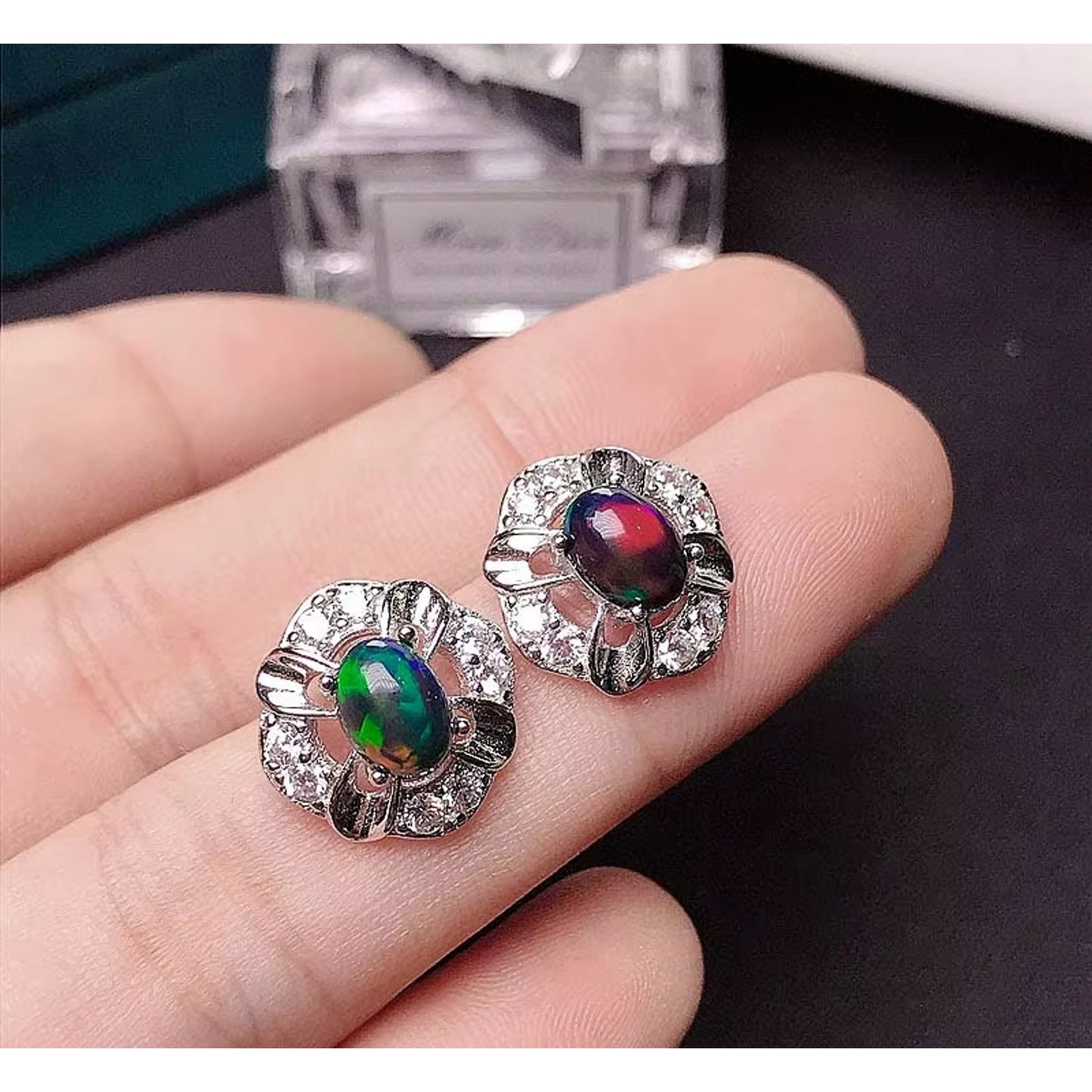 Fire Opal Stud Earrings Colorful Black Fire Opal Earrings 925 Sterling Silver