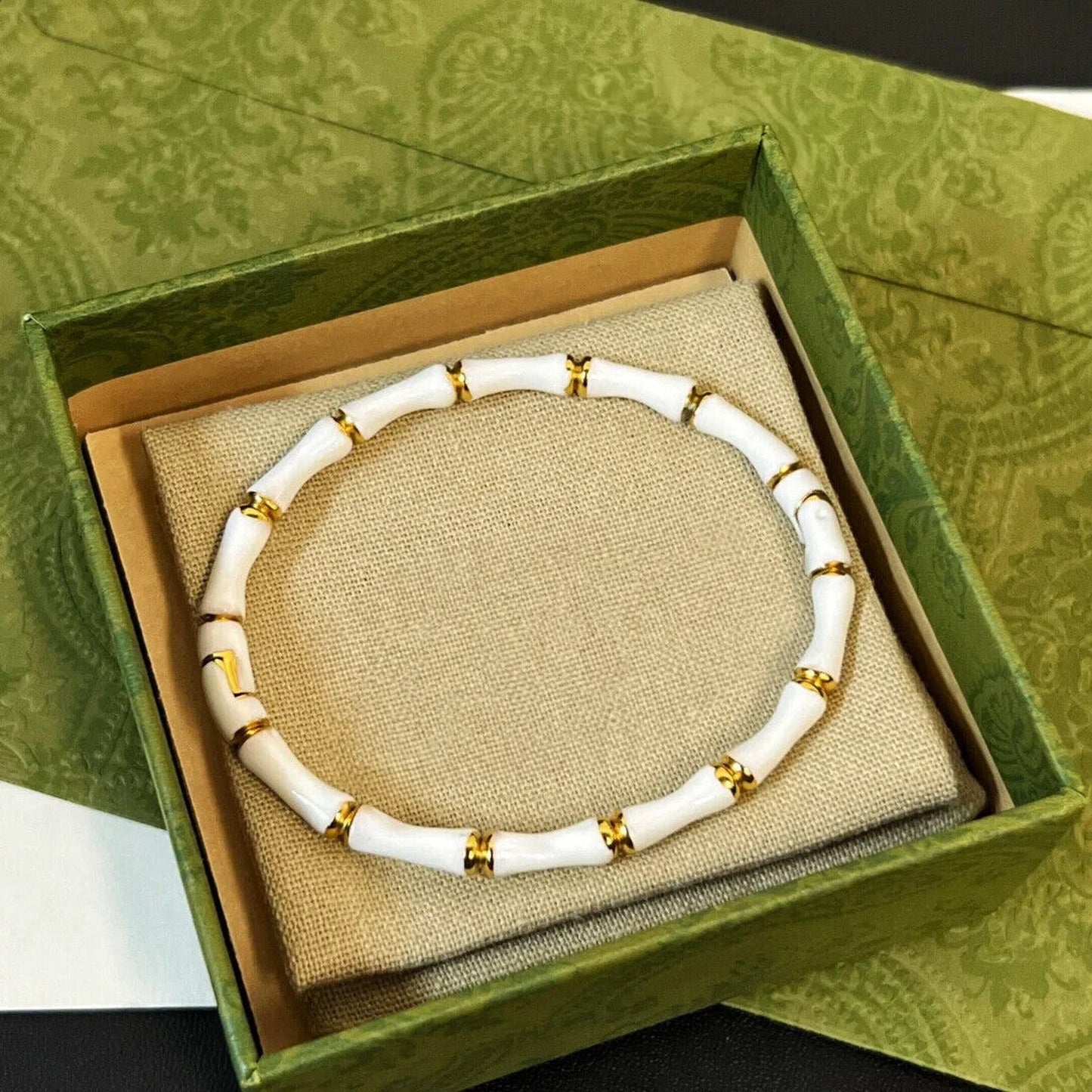 Luxury White and Gold Bamboo Bangle Bracelet, White Bamboo Bangle