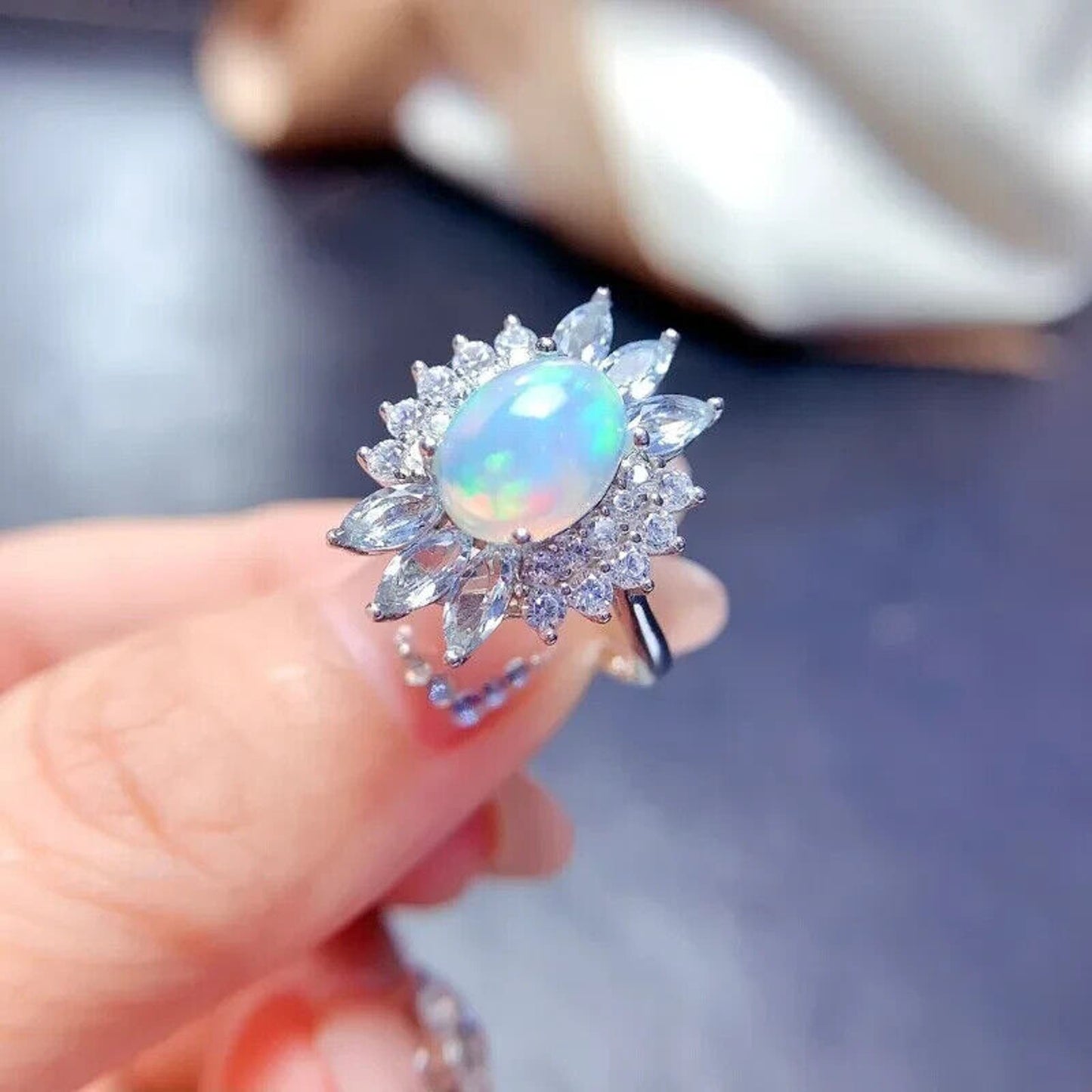 Natural Fire Opal And Aquamarine Cluster Ring Sterling Silver