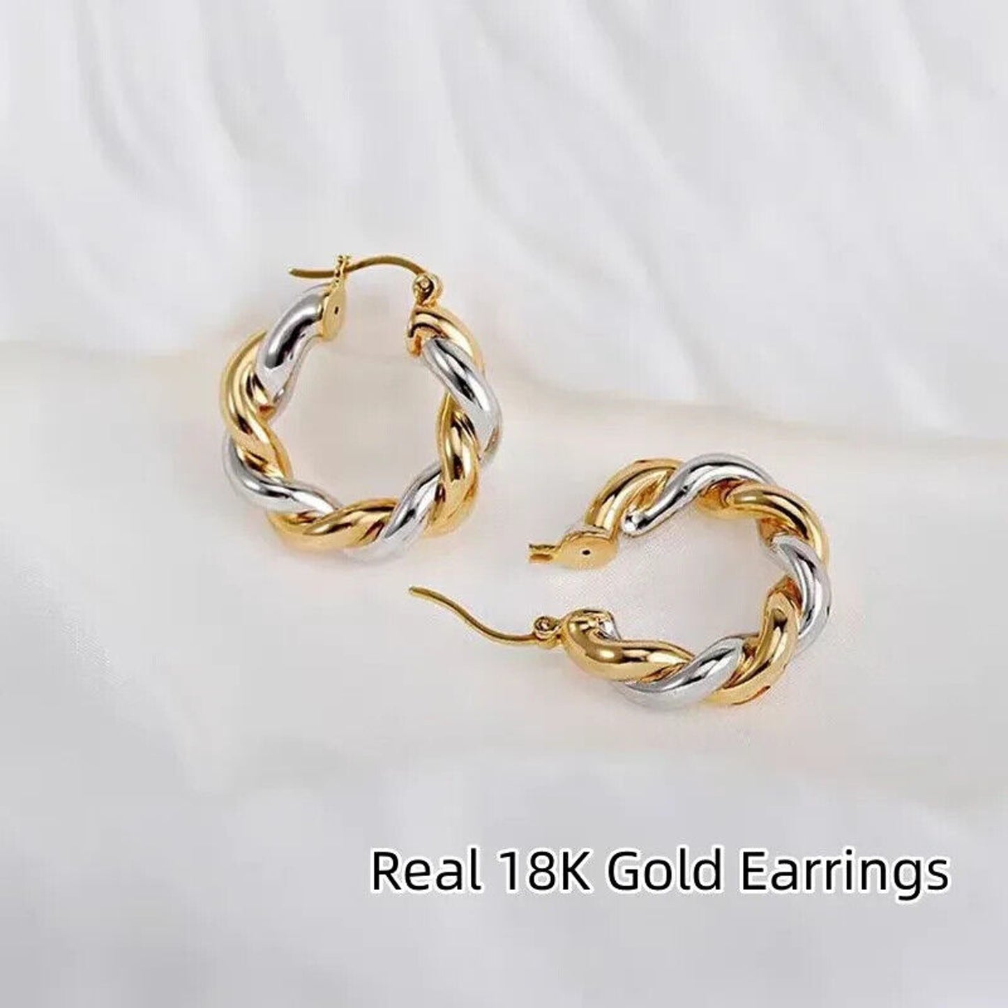 18k Gold Twisted Hoop Earrings, Two Tone 18k Gold Hoop Earrings Au750