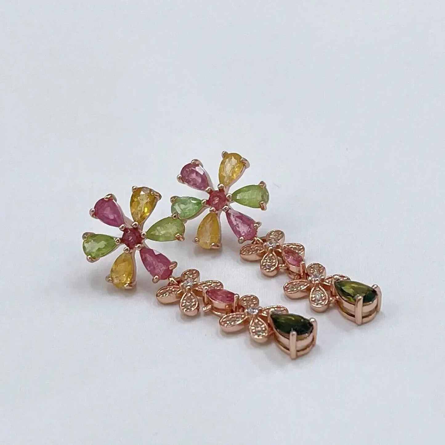 Multicolor Tourmaline Flower Dangle Earrings Rose Gold