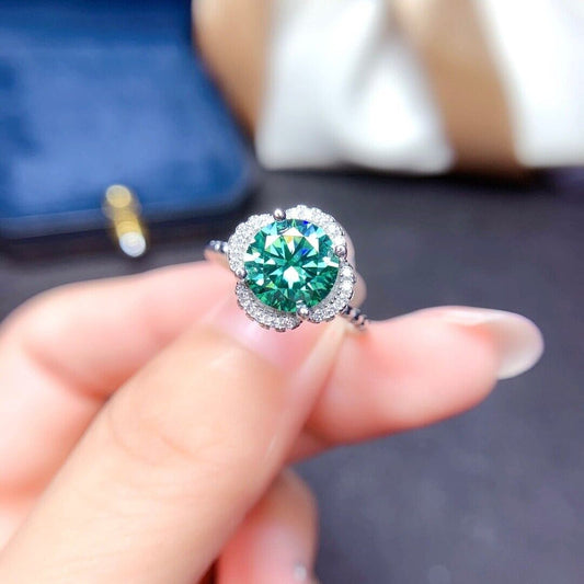 2 Carat Green Moissanite Large Flower Ring with Zirconia 925 Sterling Silver