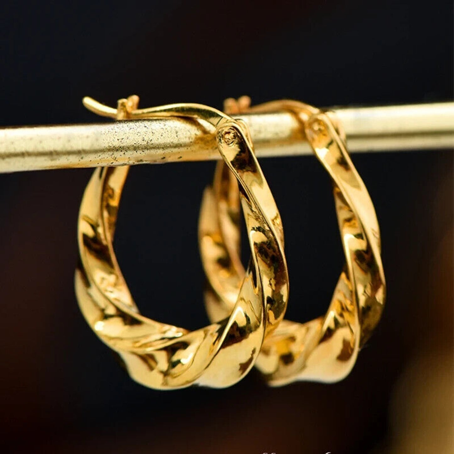 18k Gold Hoop Earrings, Pure 18k Gold Twisted Hoop Earrings Au750