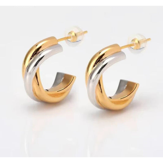 18k Yellow and White Gold Hoop Earrings, Two Tone 18k Gold Hoop Earrings Au750