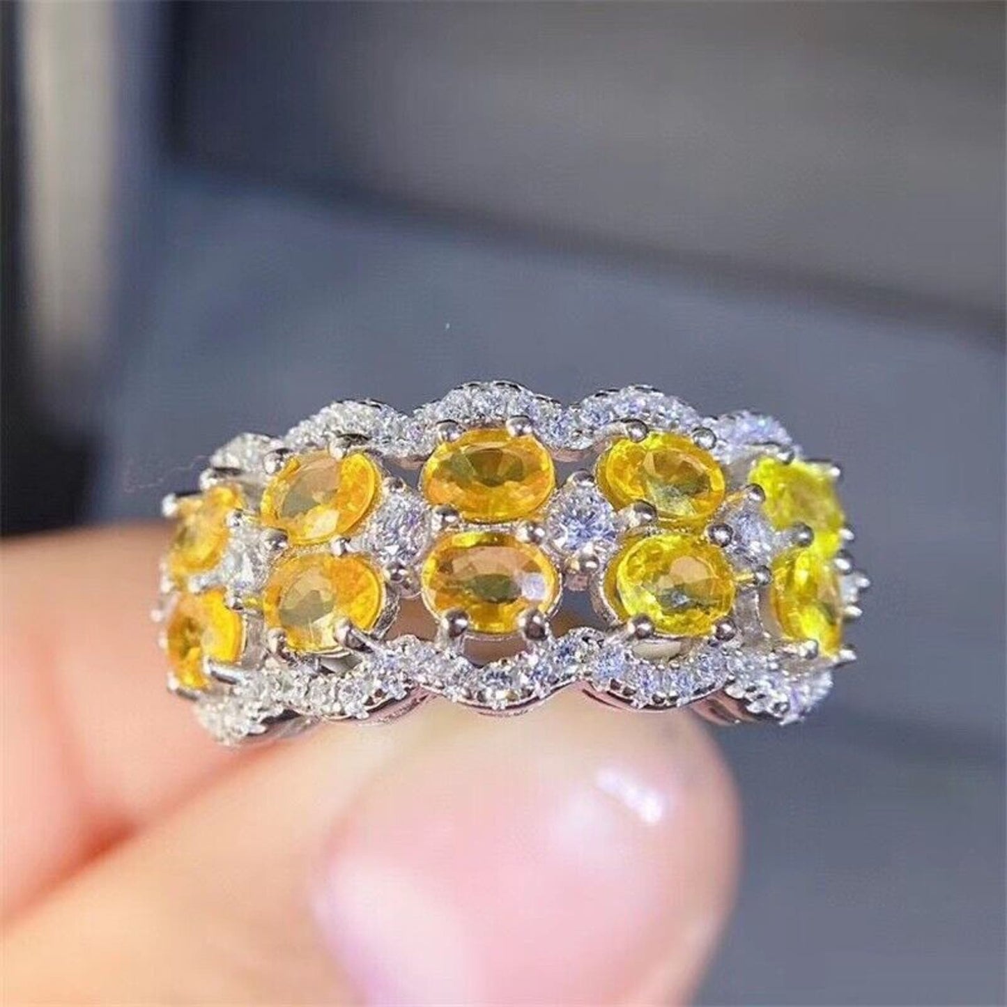 Bright Yellow Citrine Gemstone Double Layer Band Ring 3x4mm