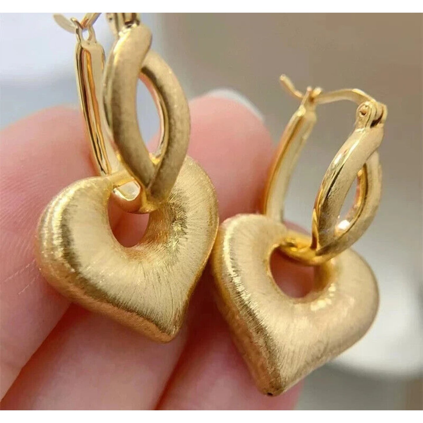 18k Brushed Yellow Gold Heart Dangle Earrings, Solid Yellow Gold Dangle Earrings