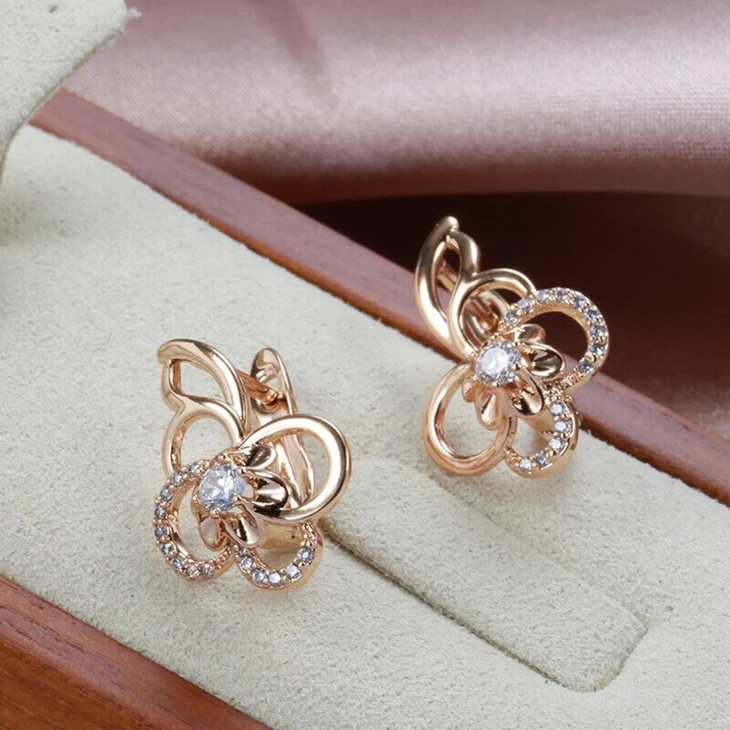 14k Rose Gold Plated Zircon Flower Clip Earrings, Shiny Zircon Earrings