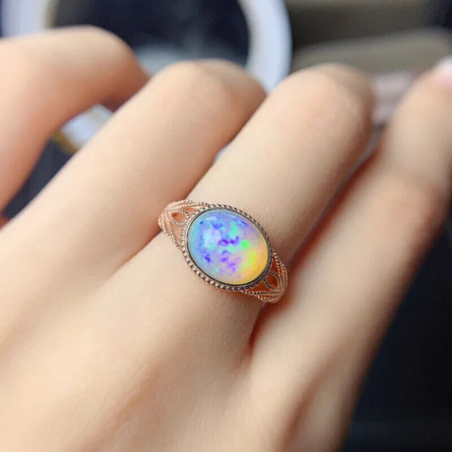 Horizontal Fire Opal Gemstone Ring 8x10mm