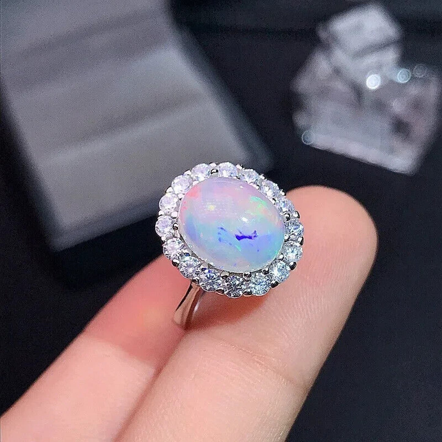 Natural Australian White Opal Cocktail Ring 8x10mm