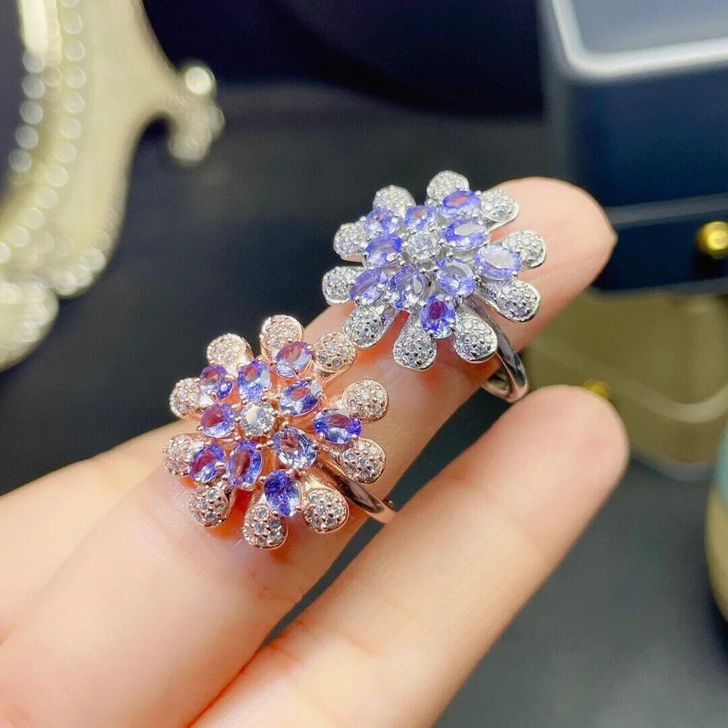 Purple Tanzanite Flower Cluster Ring Platinum Plated