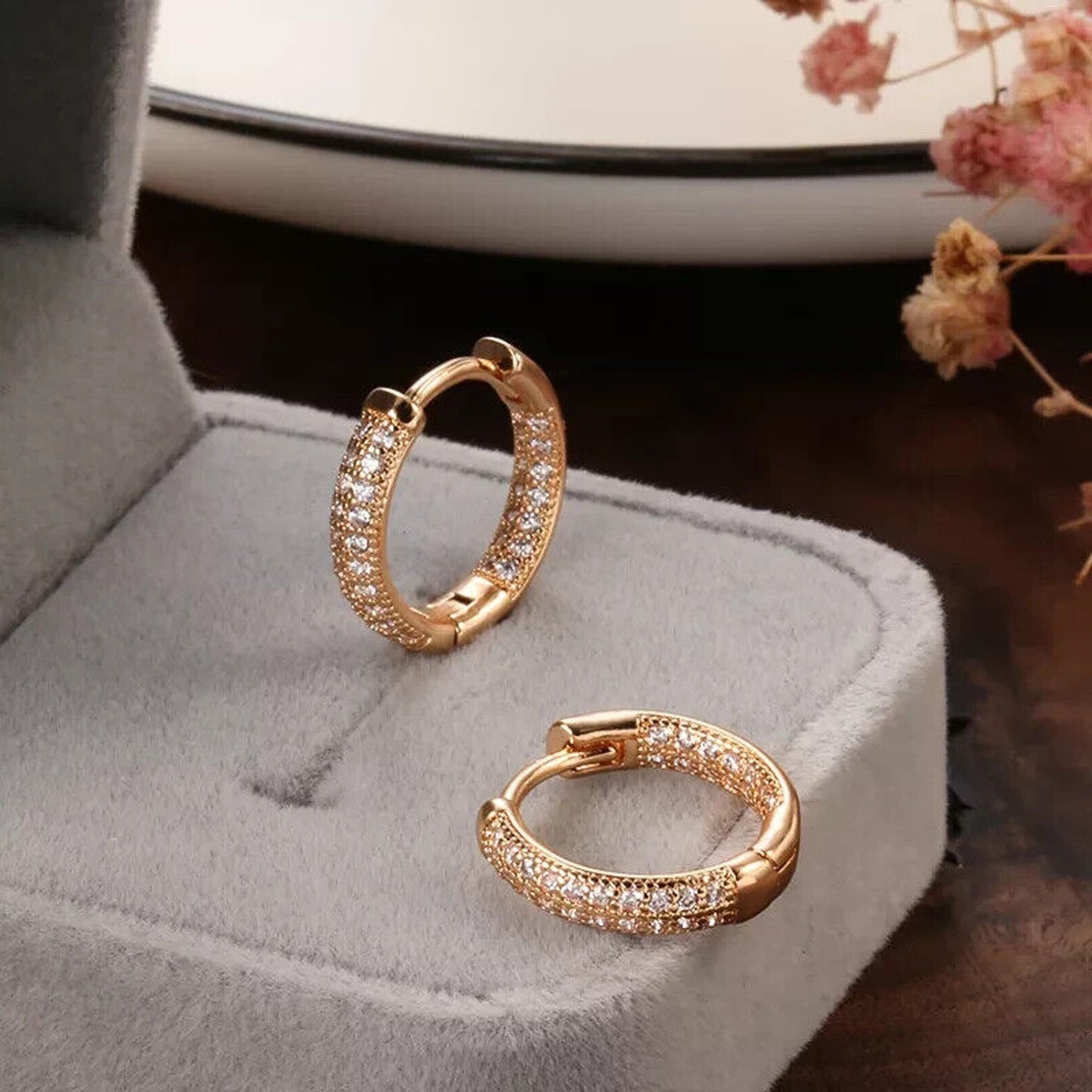 Rose Gold Earrings, Shiny Rose Gold Hoop Earrings, 585 Rose Gold Hoops