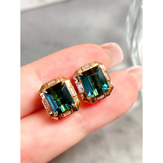 4.7CT Emerald Cut Green Tourmaline and Diamond Earrings 18k Rose Gold Tourmaline