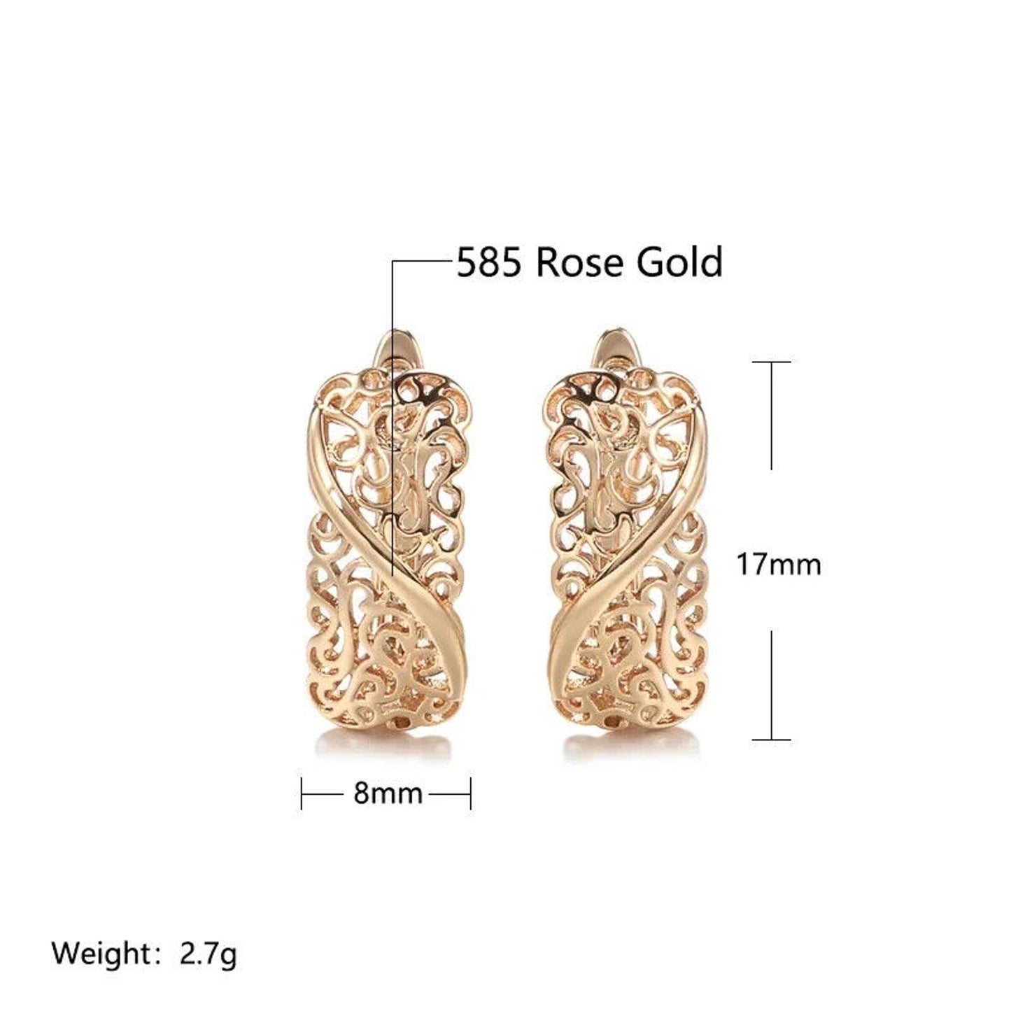 Rose Gold Earrings, Shiny Rose Gold French Earrings, 585 Rose Gold Stud