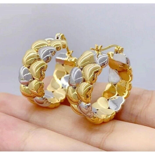 18k Yellow Gold And White Gold Two Tone Heart Earrings, Solid 18k Gold Hoops