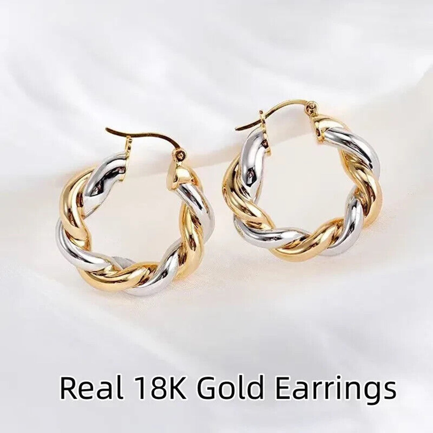 18k Gold Twisted Hoop Earrings, Two Tone 18k Gold Hoop Earrings Au750