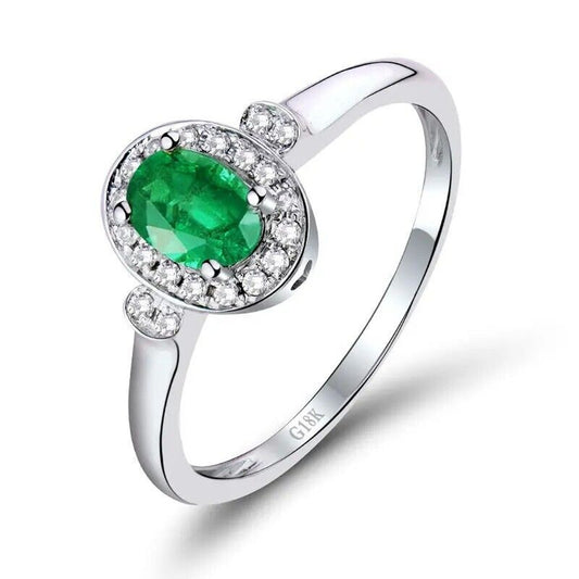Natural Emerald and Diamond Oval Cut Cocktail Ring 14k White Gold