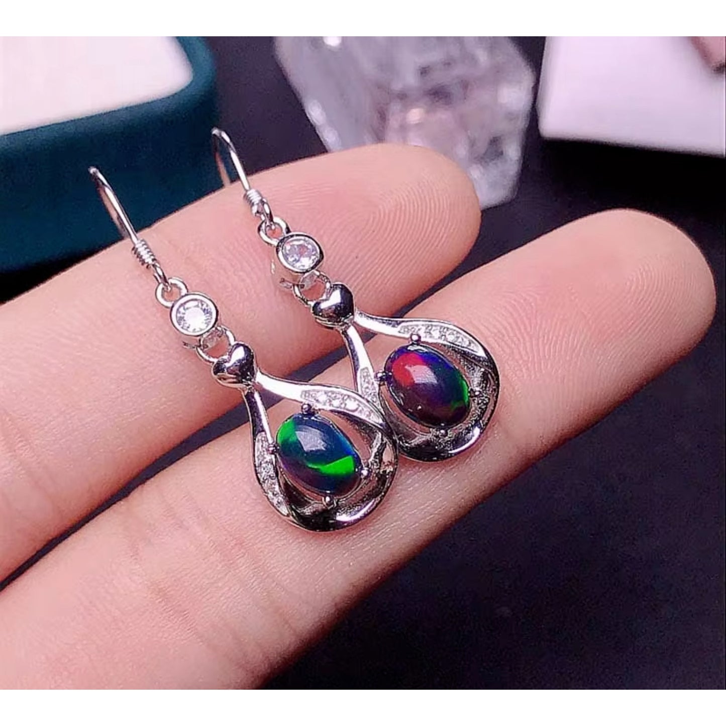 Black Fire Opal Dangle Earrings, Natural Fire Opal Earrings 925 Sterling Silver