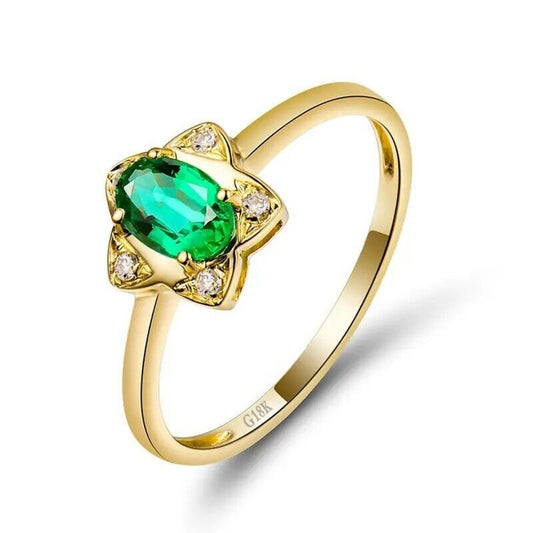 Natural Emerald and Diamond Oval Cut Flower Ring 18k Yellow Gold
