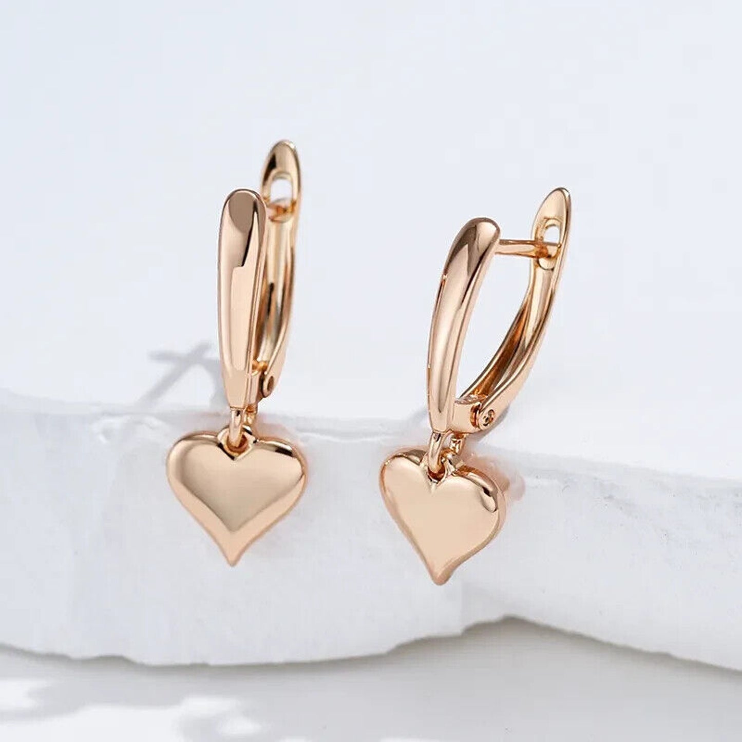 Rose Gold Earrings, Shiny Rose Gold Heart Earrings, 585 Rose Gold Heart Earrings