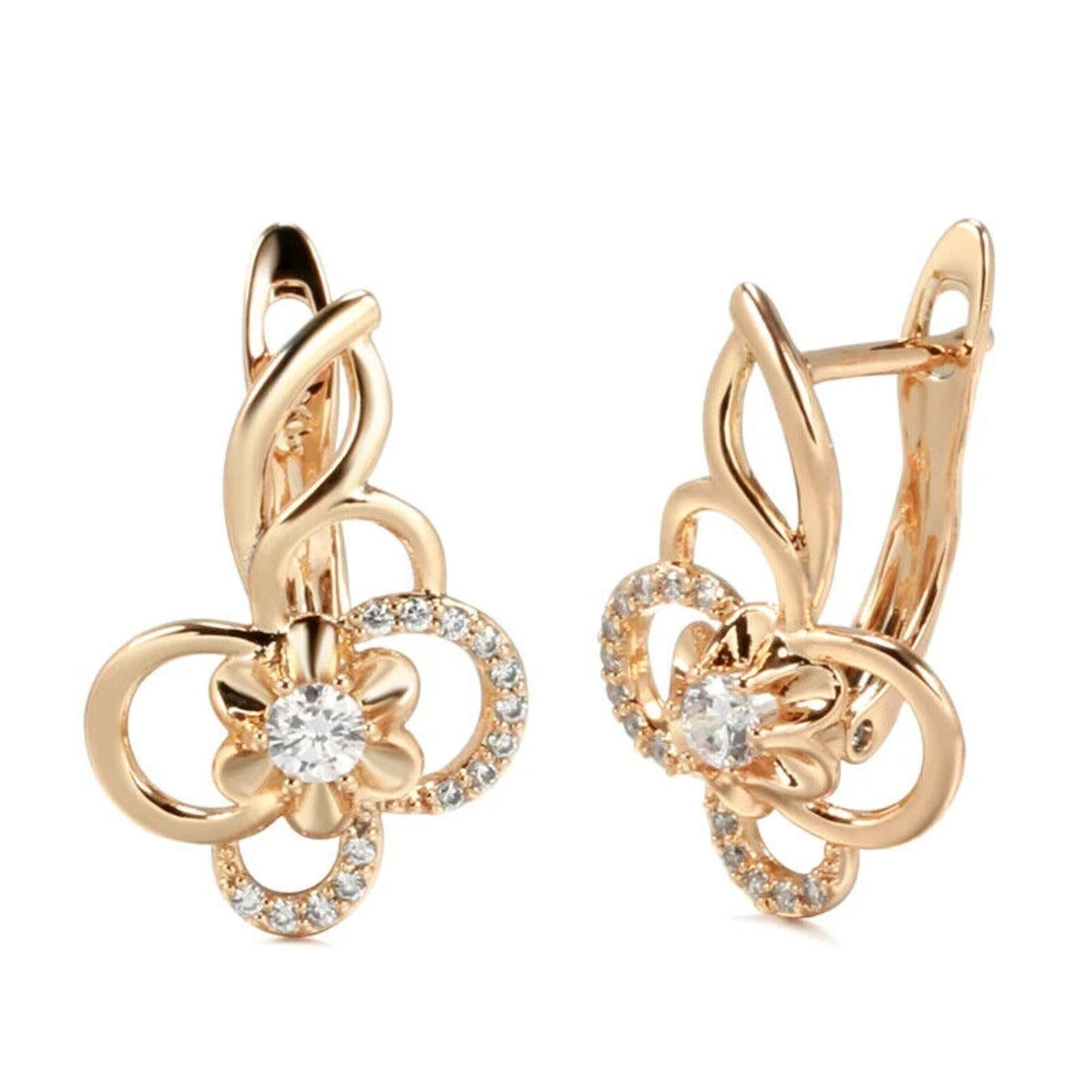 14k Rose Gold Plated Zircon Flower Clip Earrings, Shiny Zircon Earrings