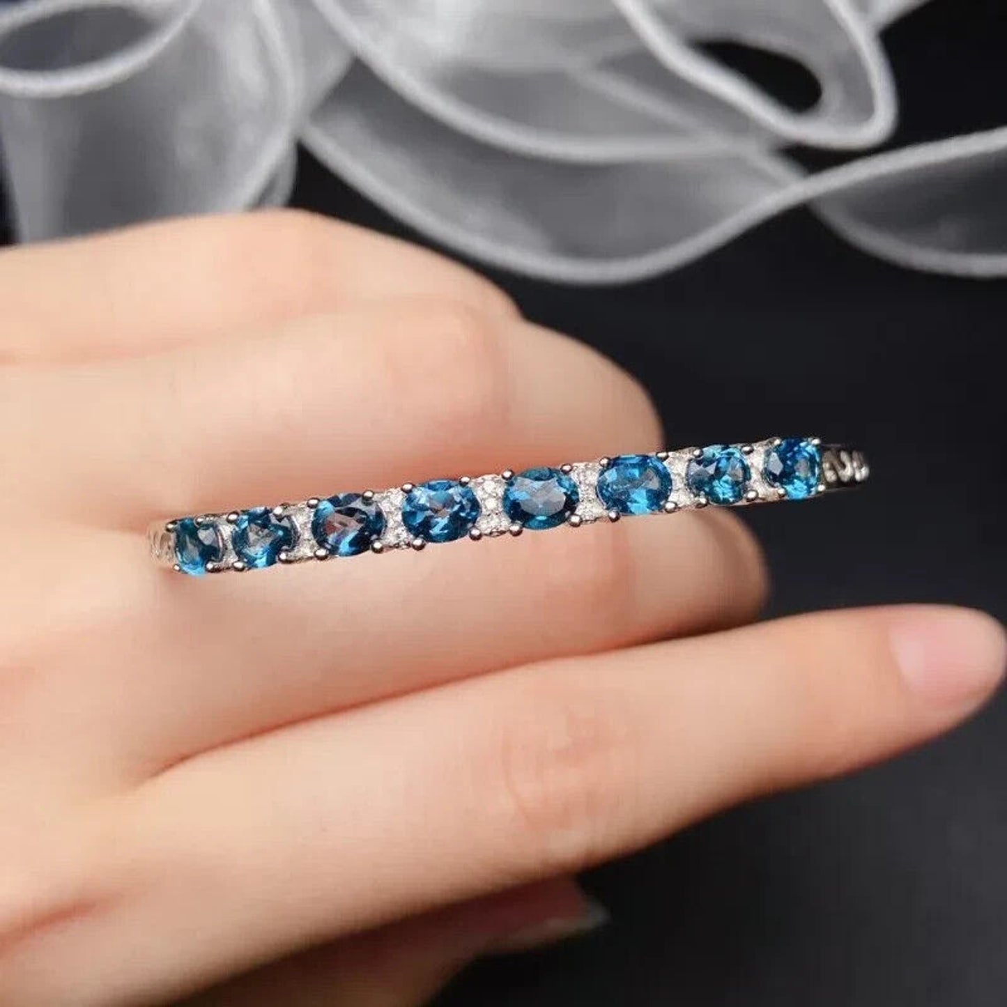 London Blue Topaz Gemstone Bangle Bracelet 17cm Sterling Silver