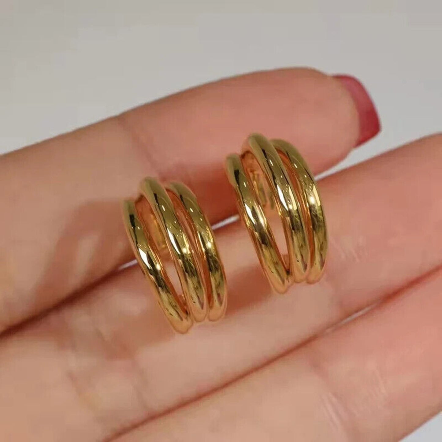 18k Yellow Gold 3 Layer Hoop Earrings, Solid yellow Gold Hoop Earrings Au750