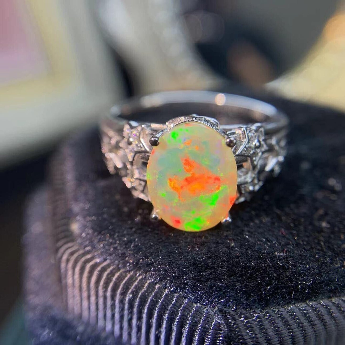 Fire Opal Cocktail Ring 8x10mm Sterling Silver
