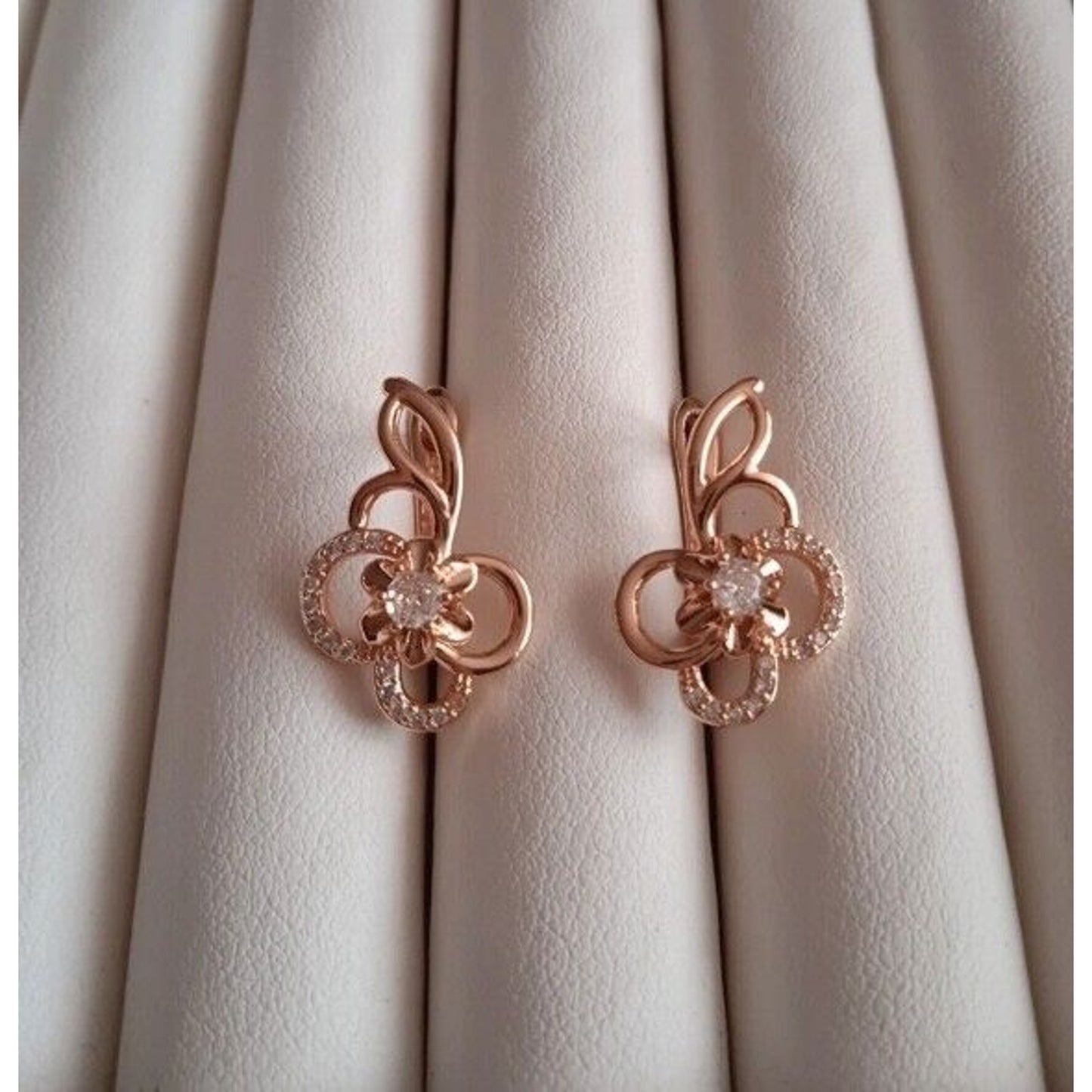 14k Rose Gold Plated Zircon Flower Clip Earrings, Shiny Zircon Earrings