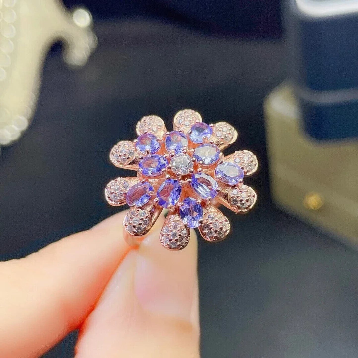 Purple Tanzanite Flower Cluster Ring Platinum Plated