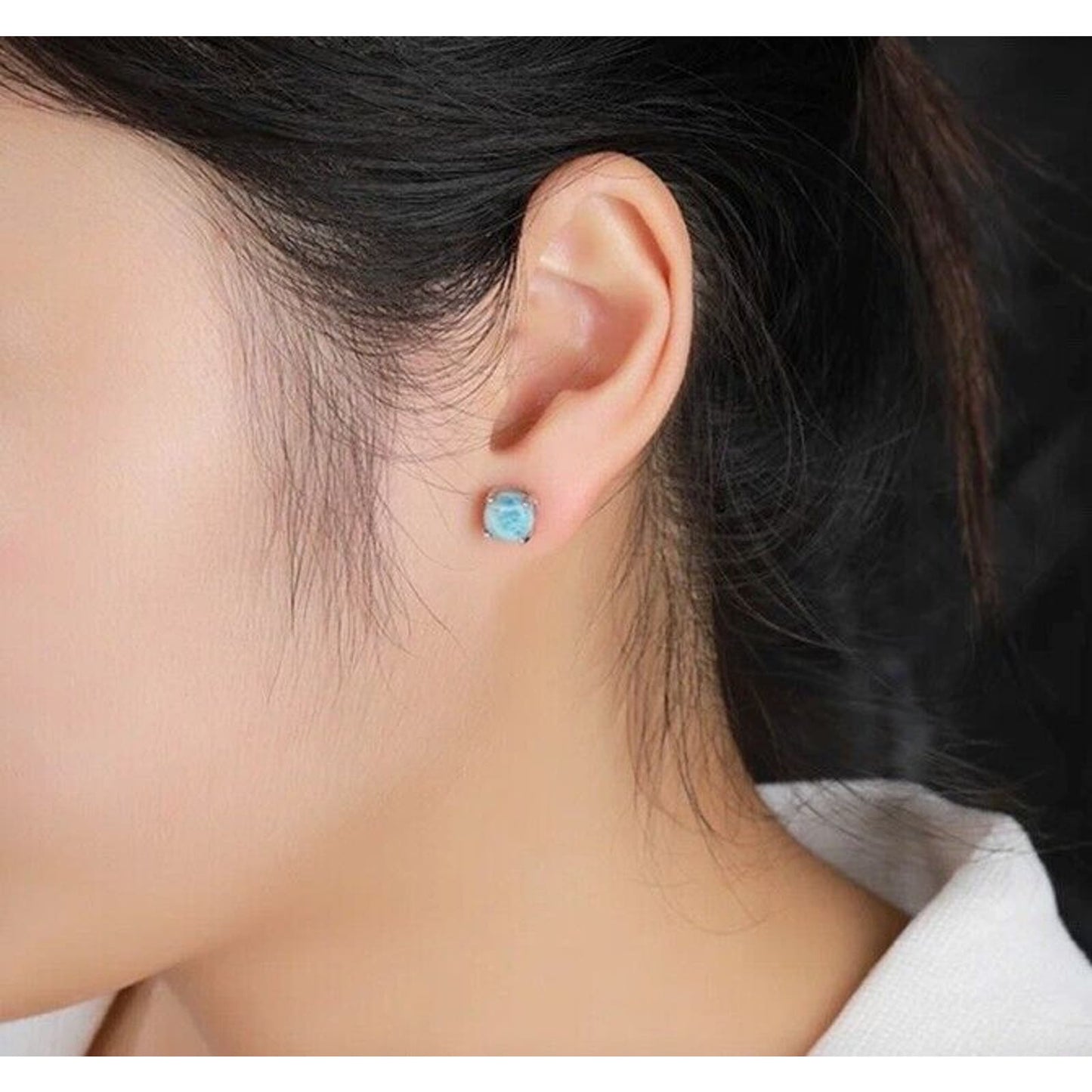 Natural Larimar Stud Earrings, Women's Round Larimar Stud Earrings Silver