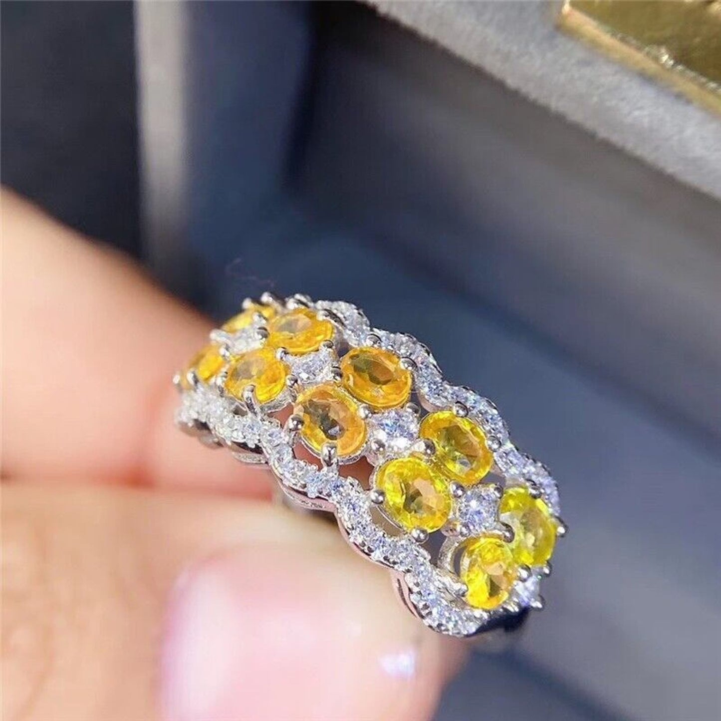 Bright Yellow Citrine Gemstone Double Layer Band Ring 3x4mm