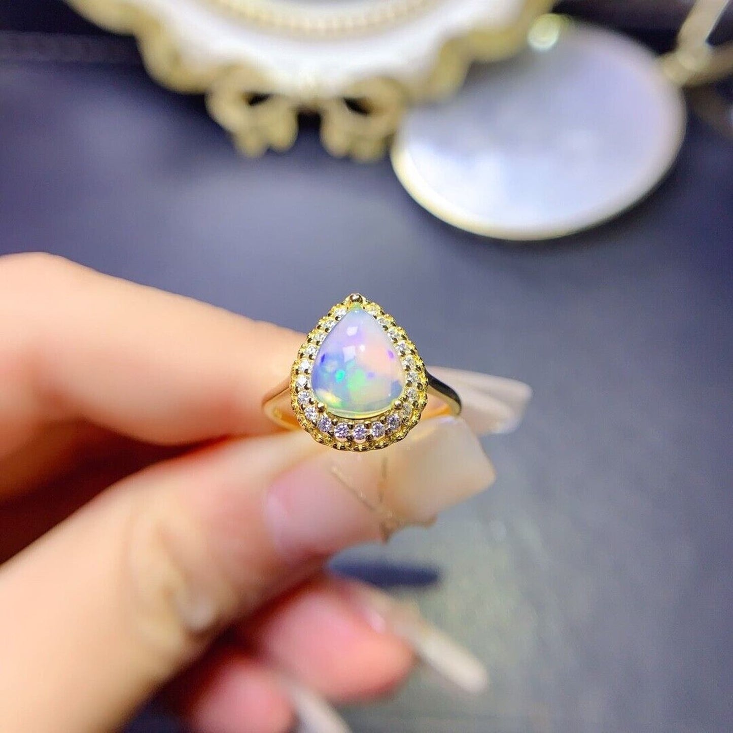 Natural Fire Opal Gemstone Ring Pear Cut 8x10mm