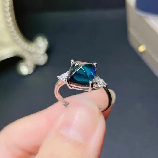 Sugarloaf Cut London Blue Topaz Gemstone Ring, Natural London Blue Topaz Ring