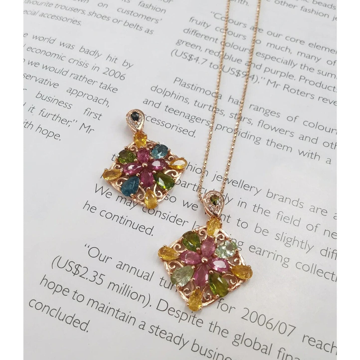 Colorful Tourmaline Flower Pendant Necklace Rose Gold