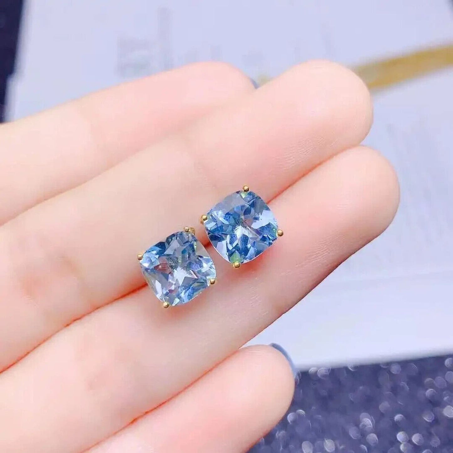 Sky Blue Topaz Cushion Cut Stud Earrings 8mm