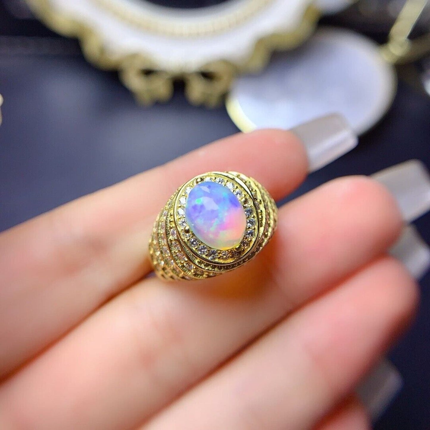 Women's Gold Fire Opal Cocktail Ring 7x9mm