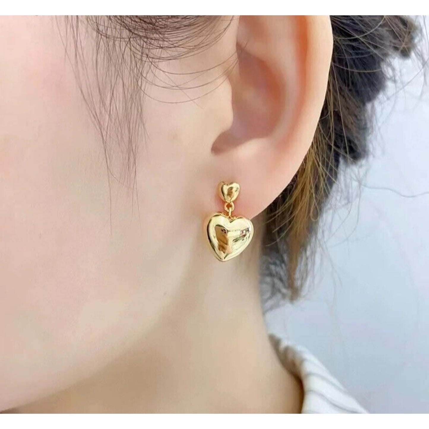 18k Yellow Gold Heart Dangle Earrings, Au750 Gold Heart Earrings, Gold Earrings