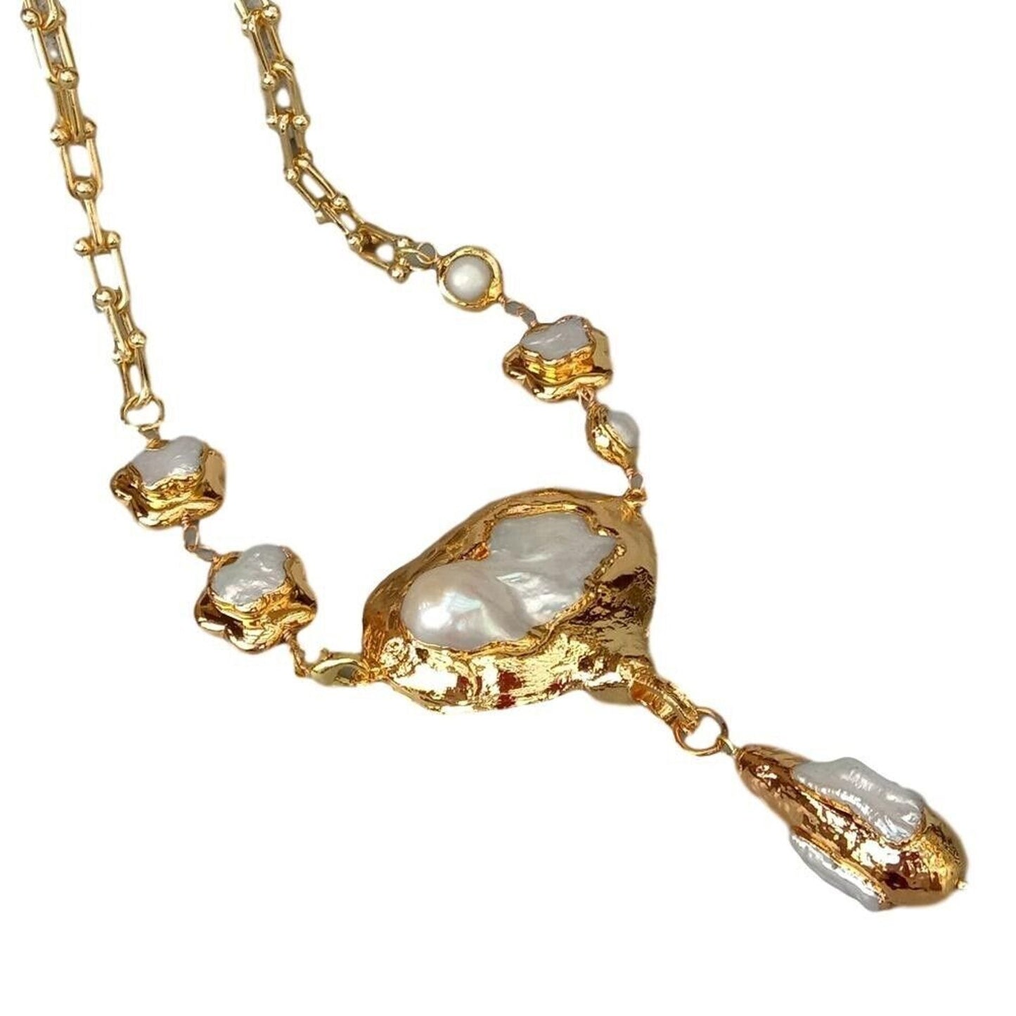 18k Gold Plated Keshi Pearl Pendant Necklace, Keshi Pearl Statement Necklace 18k