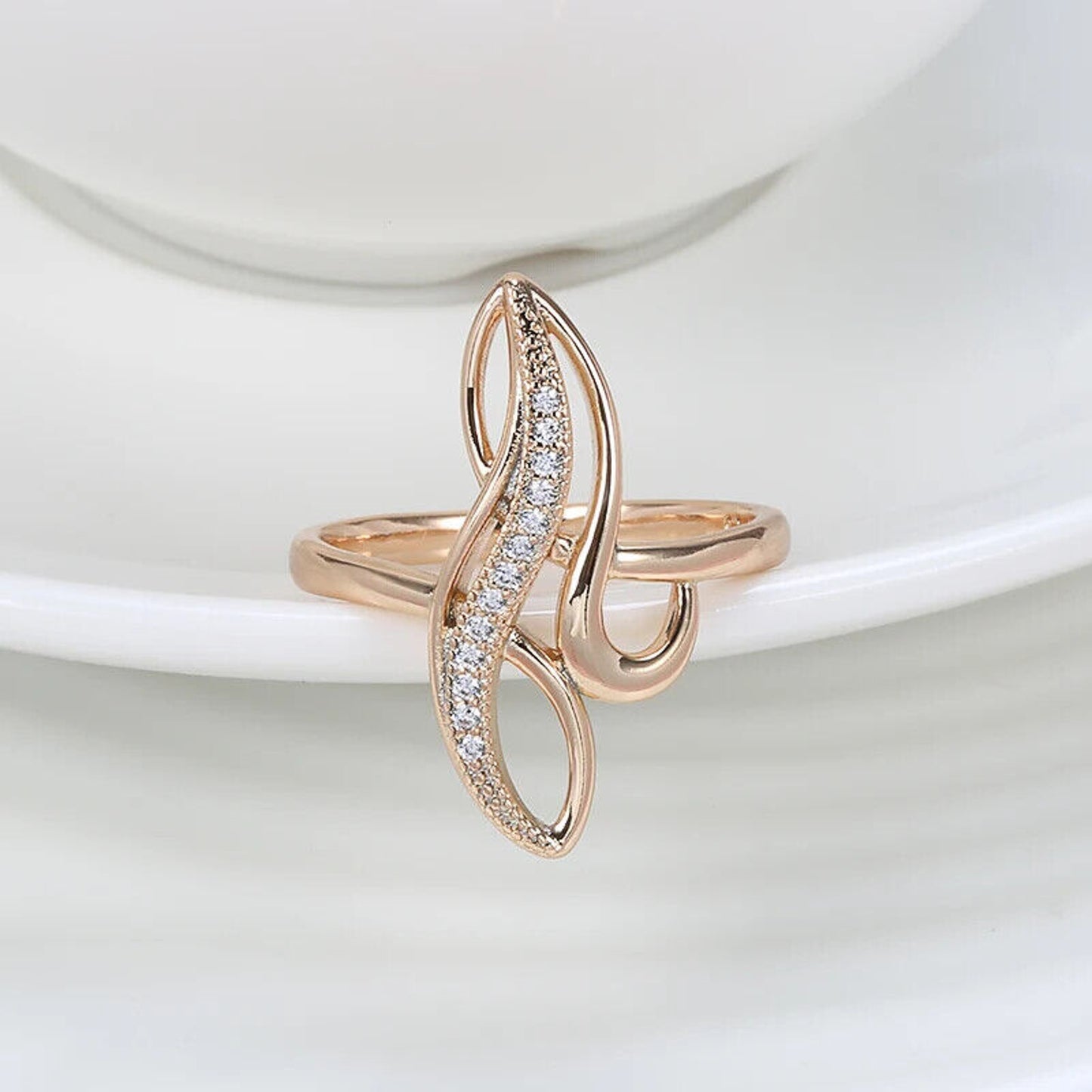 Rose Gold Ring, Shiny Rose Gold Zircon Ring, Women's 585 Rose Gold Ring