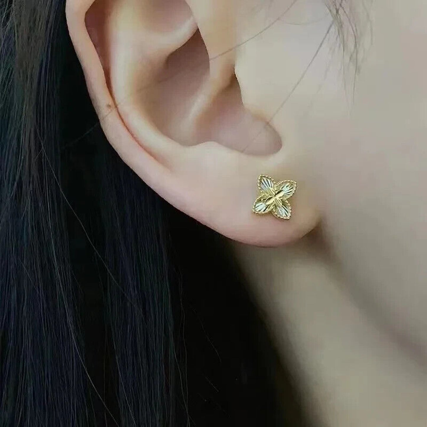 18k Gold Flower Stud Earrings, Pure 18k Gold Dainty Clover Earrings Au750