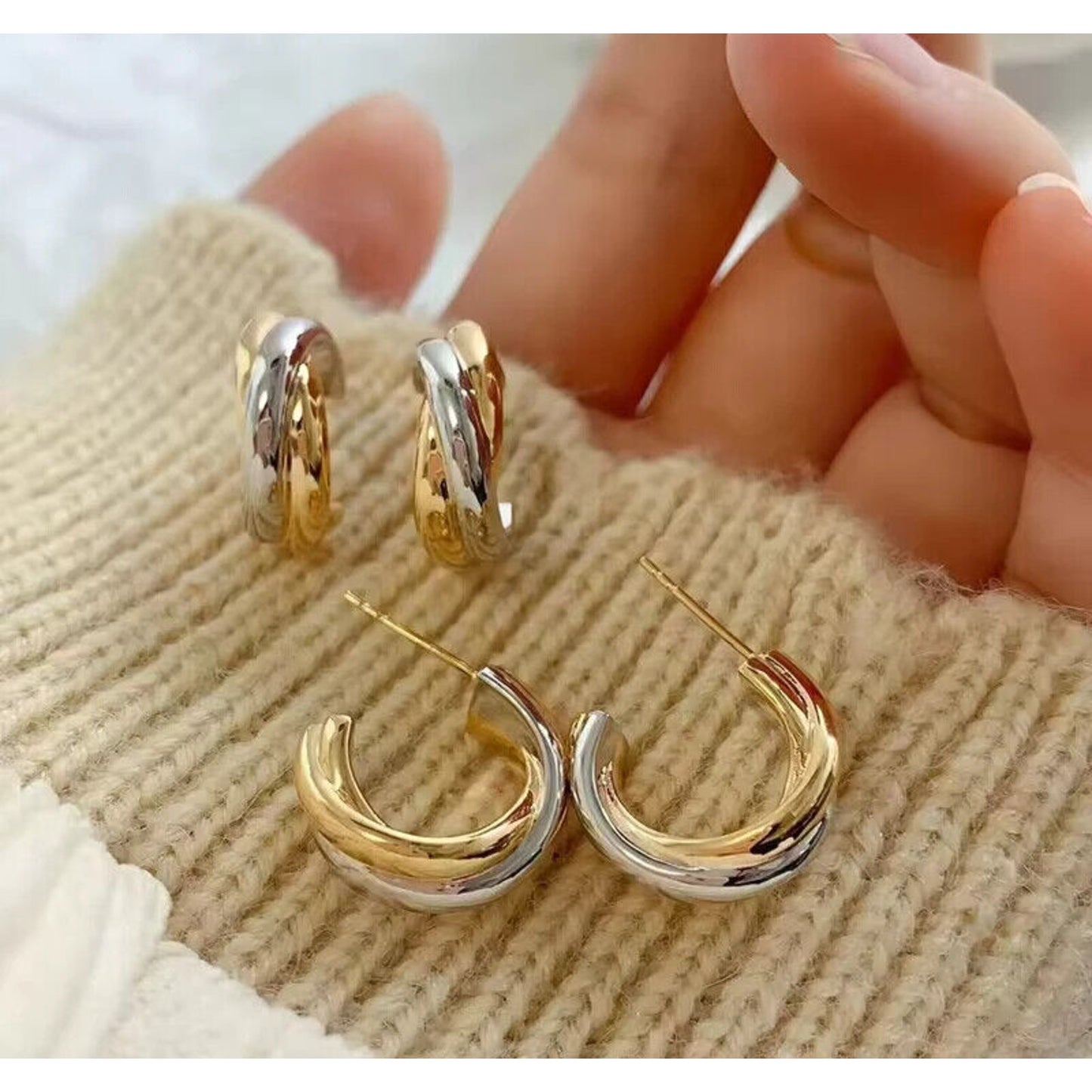 18k Yellow and White Gold Hoop Earrings, Two Tone 18k Gold Hoop Earrings Au750