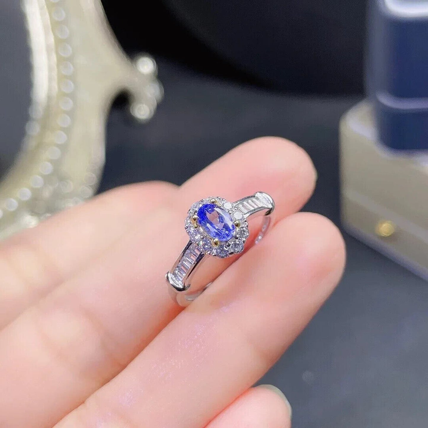 Dainty Purple Tanzanite Cluster Cocktail Ring 4x6mm