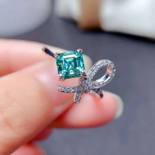 1 Carat VVS1 Asscher Cut Green Moissanite Ring, Teal Blue Asscher Cut Mossanite