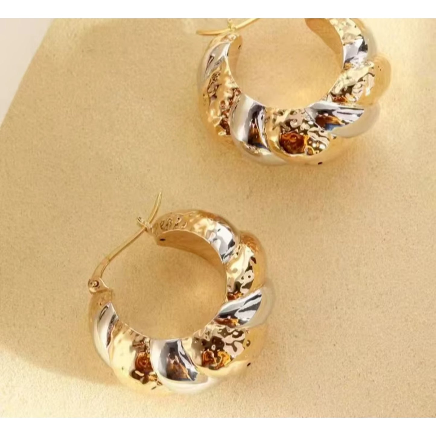 Chunky Yellow and White Gold Hoop Earrings, Solid 18k Gold Hoop Earrings Au750