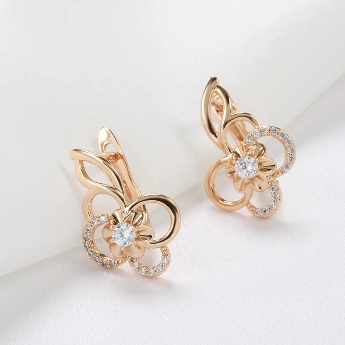 14k Rose Gold Plated Zircon Flower Clip Earrings, Shiny Zircon Earrings