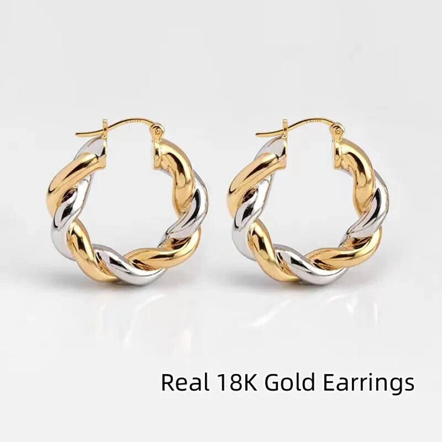 18k Gold Twisted Hoop Earrings, Two Tone 18k Gold Hoop Earrings Au750