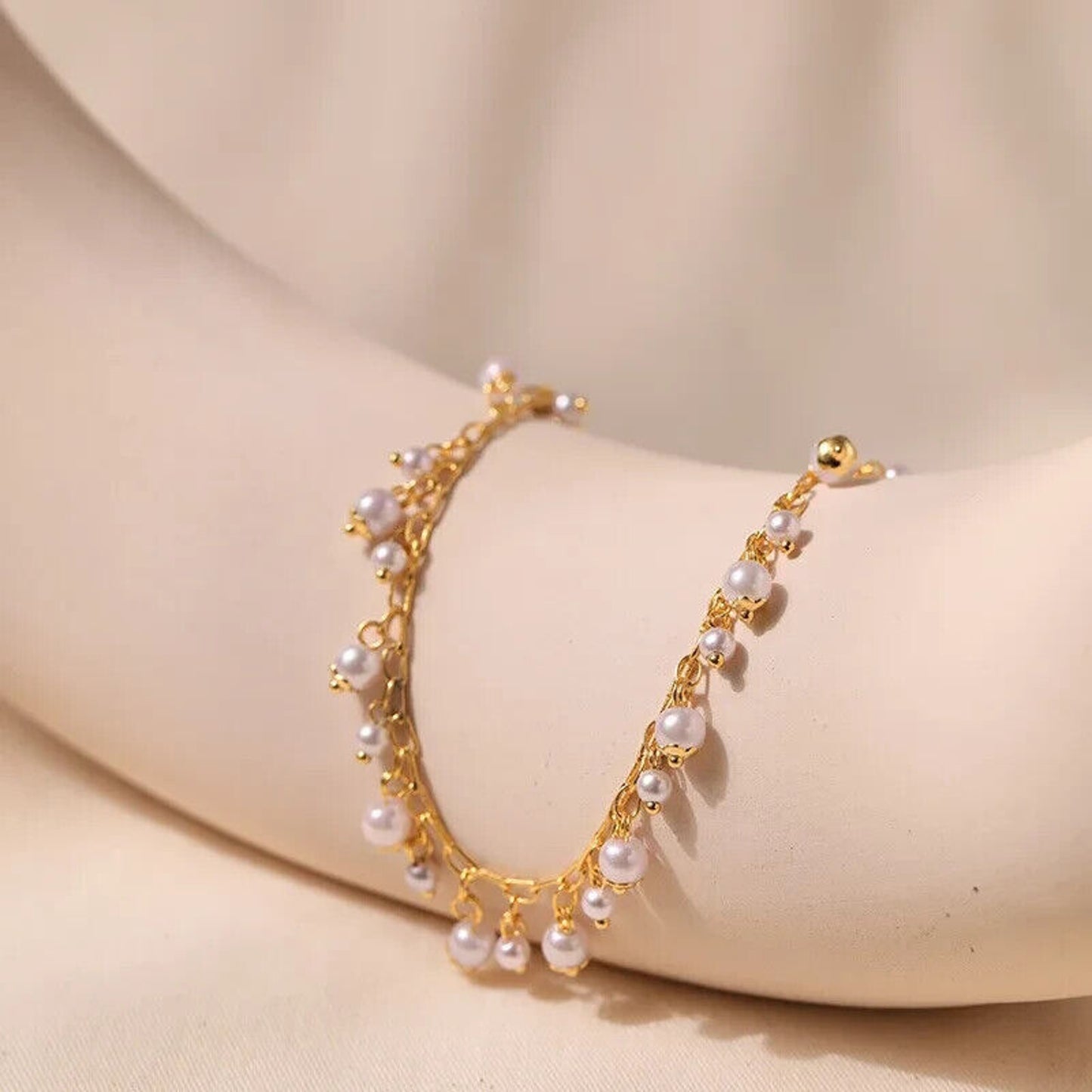 18k Gold Pearl Bead Anklet, 18k Gold Plated Women's Pearl Charm Anklet